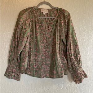 Cleobella Green and Brown Pleated Blouse